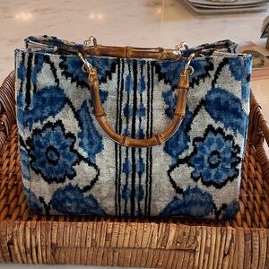 Blue Floral Velvet Tote with Bamboo Handles